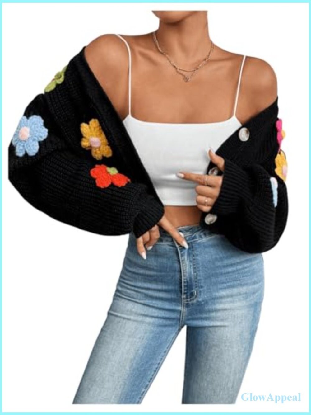 Button Down Lantern Sleeve V Neck Knitted Cropped Cardigan Sweater - Picture 3 of 6